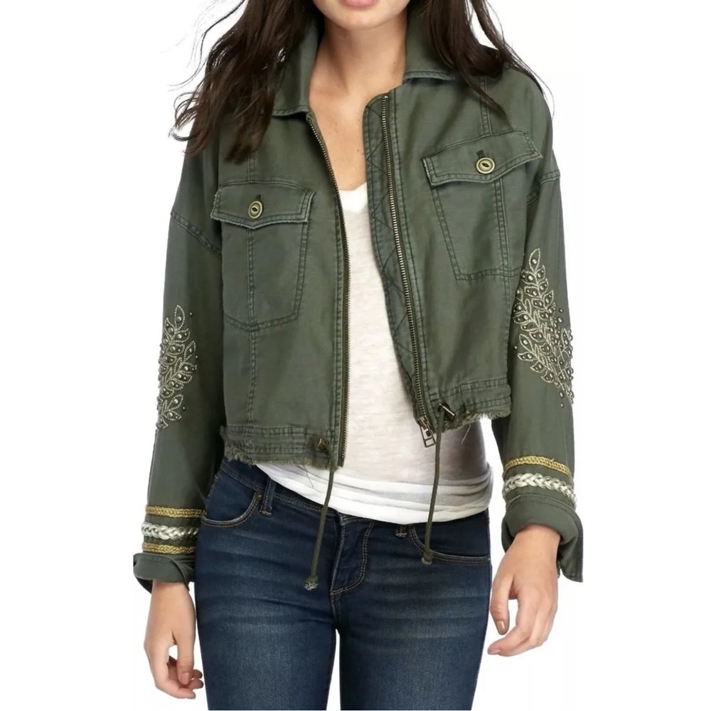 Free People Crop Military Embroidered Cotton Jacket Olive Green Medium Fall Boho